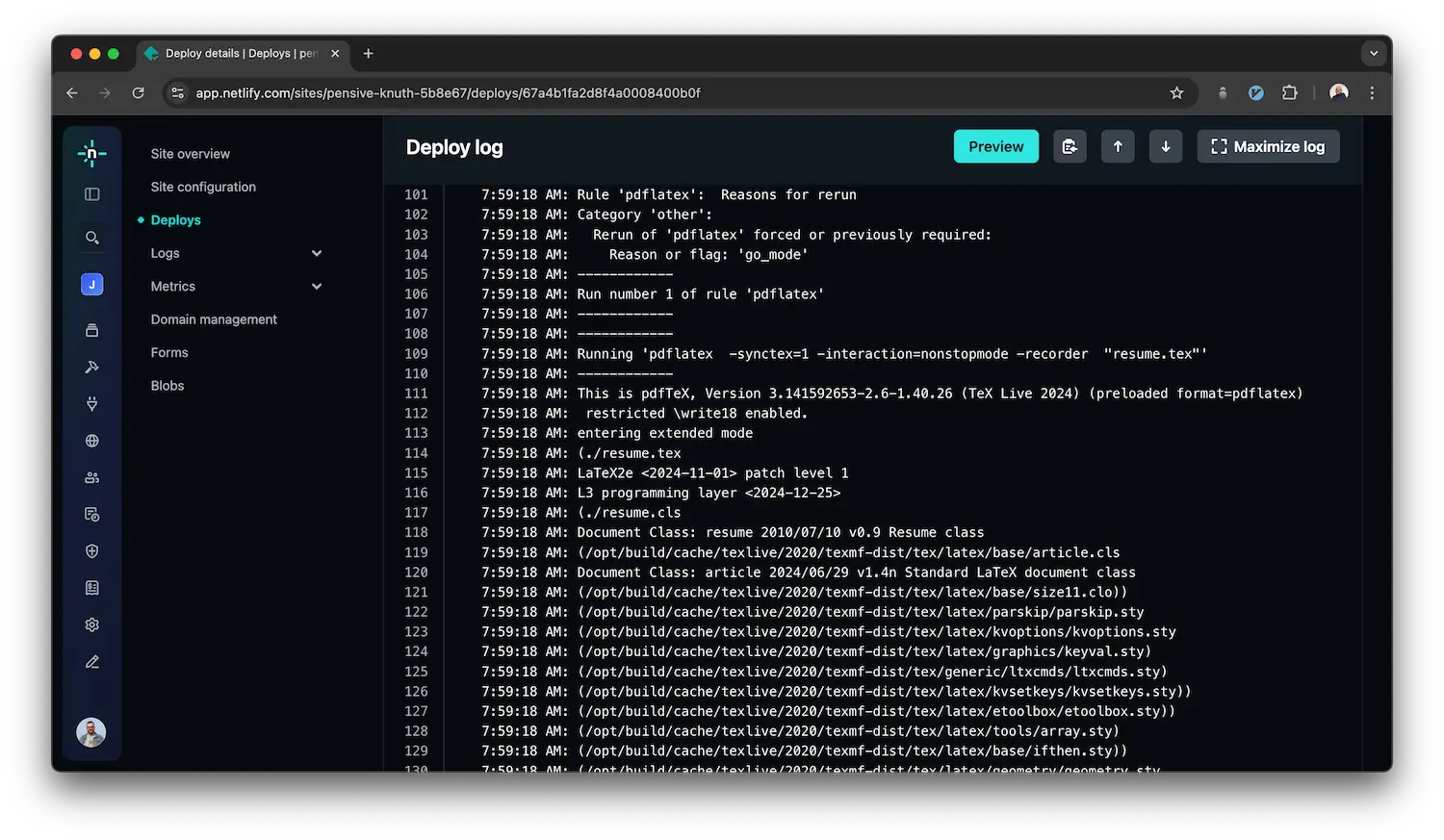 My resume compiling on Netlify